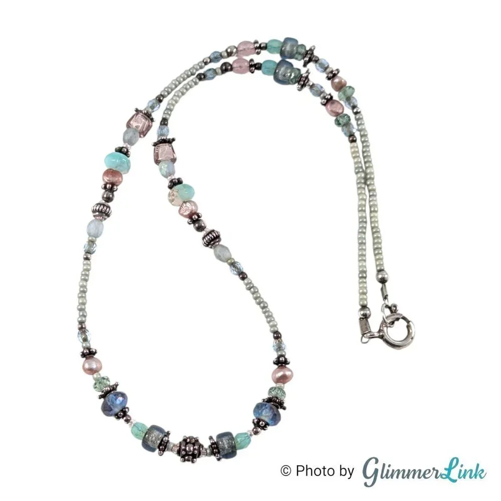 Sterling Multicolor Pastel Glass Pink Pearl Seed Bead Necklace